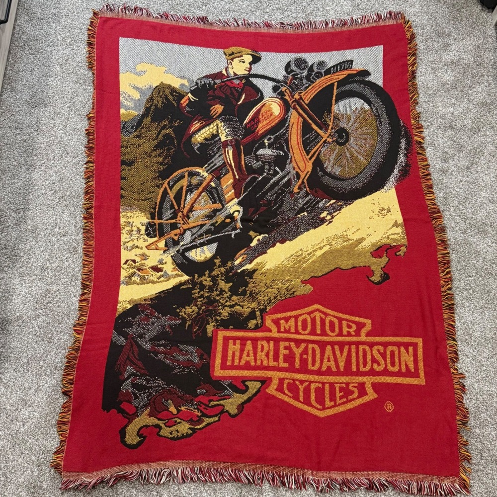 Vintage‎ Harley-Davidson 80s 90s Tapestry Hill Climb Woven Throw Blanket Fringed